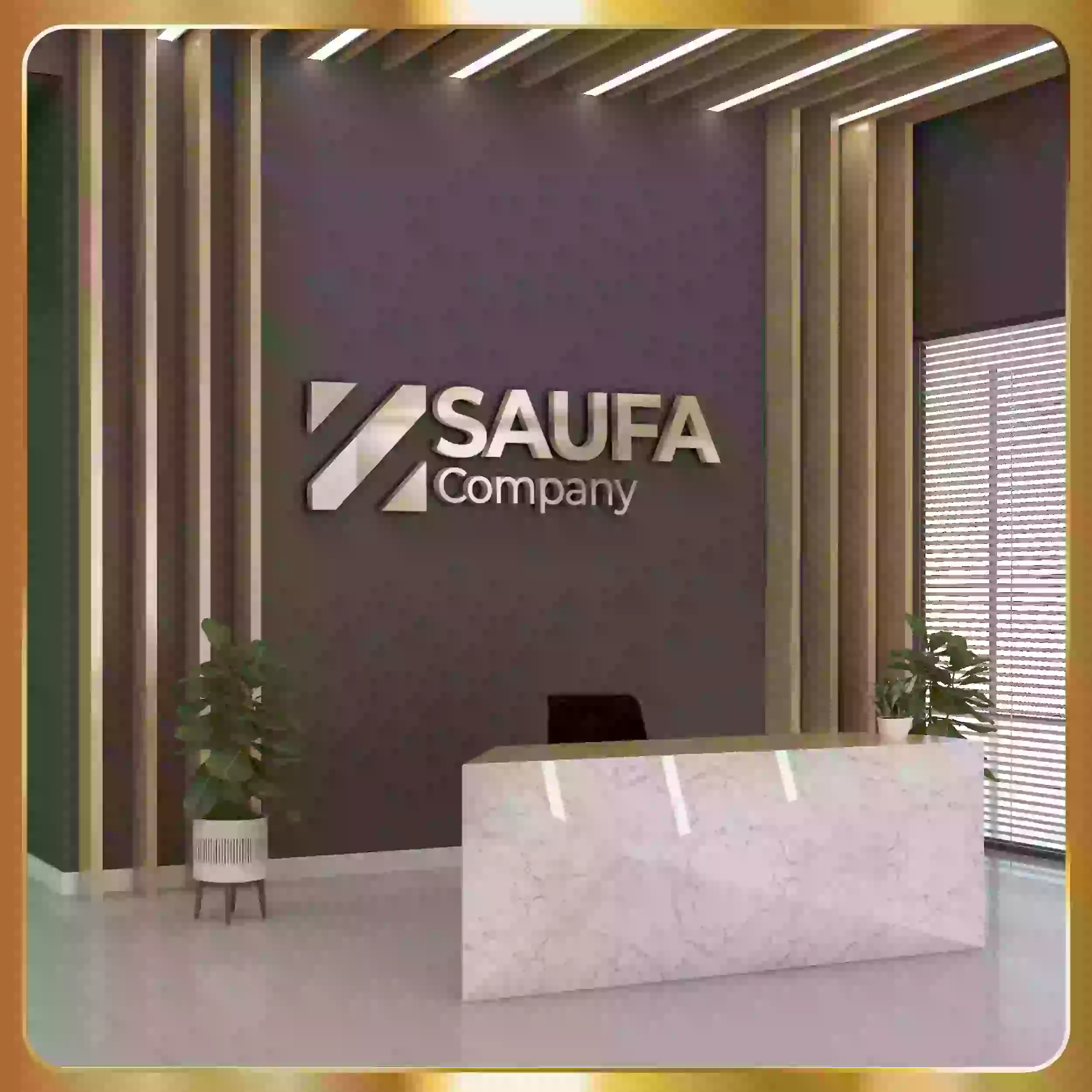 The logo for design advertising is on a desk in a room.